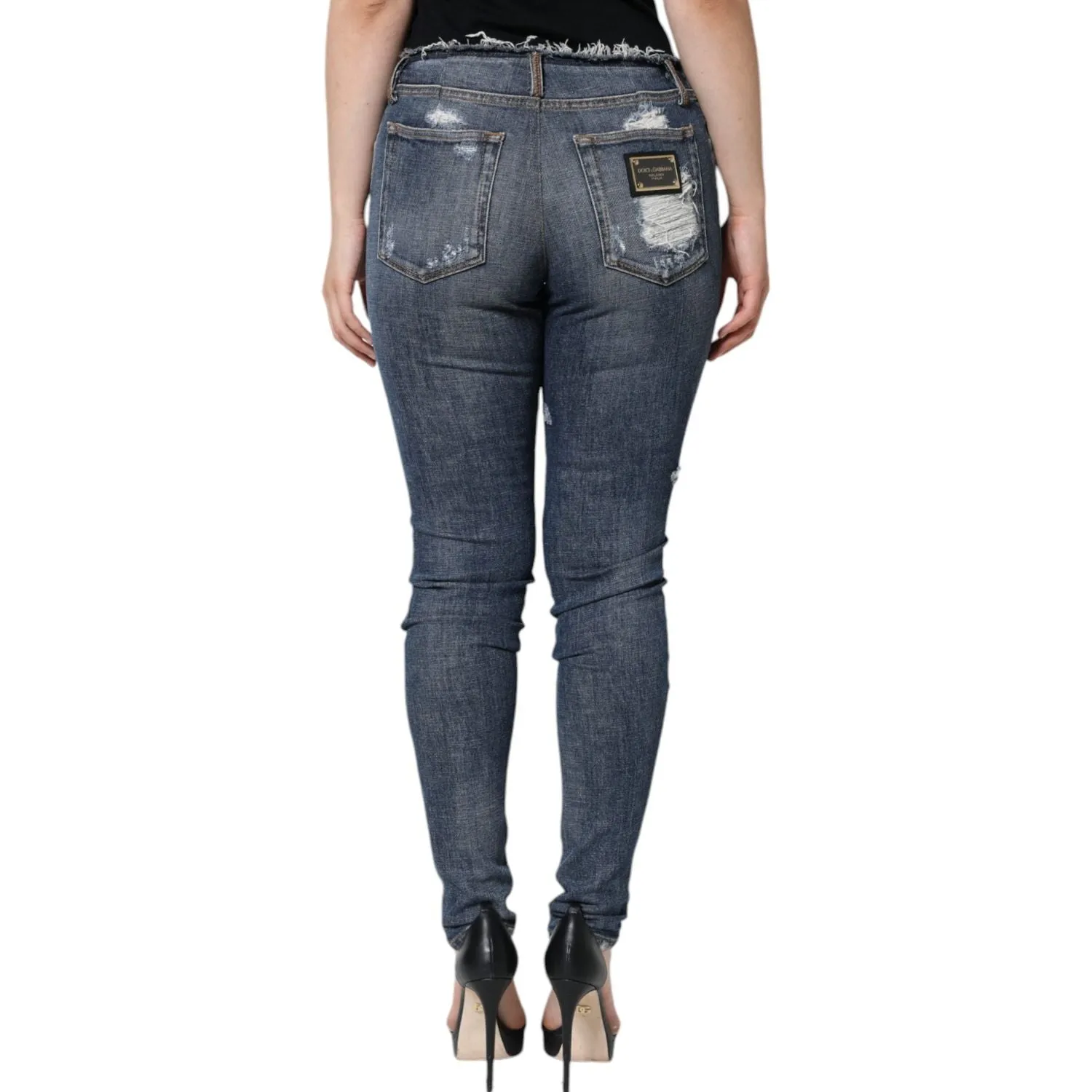 Dolce & Gabbana Blue Cotton Stretch Tattered Skinny Jeans