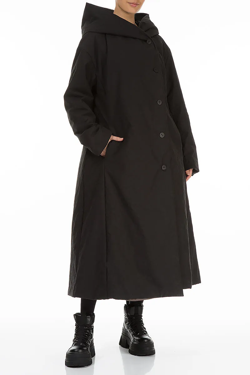 Flared Hooded Black Cotton Coat