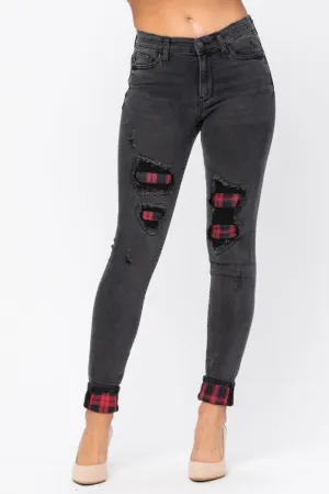 Judy Blue Black Buffalo Plaid Patch Distressed Jeans