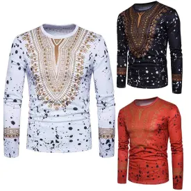 Men's African Print O Neck Pullover Long Sleeved T-shirt